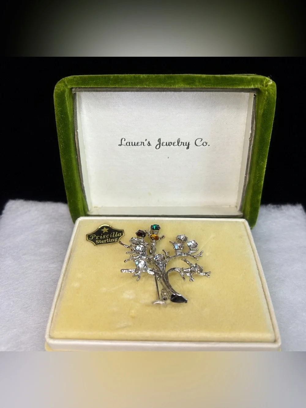 Vintage Priscilla Sterling Family Tree Birthstone Brooch in Original Box (60-70)